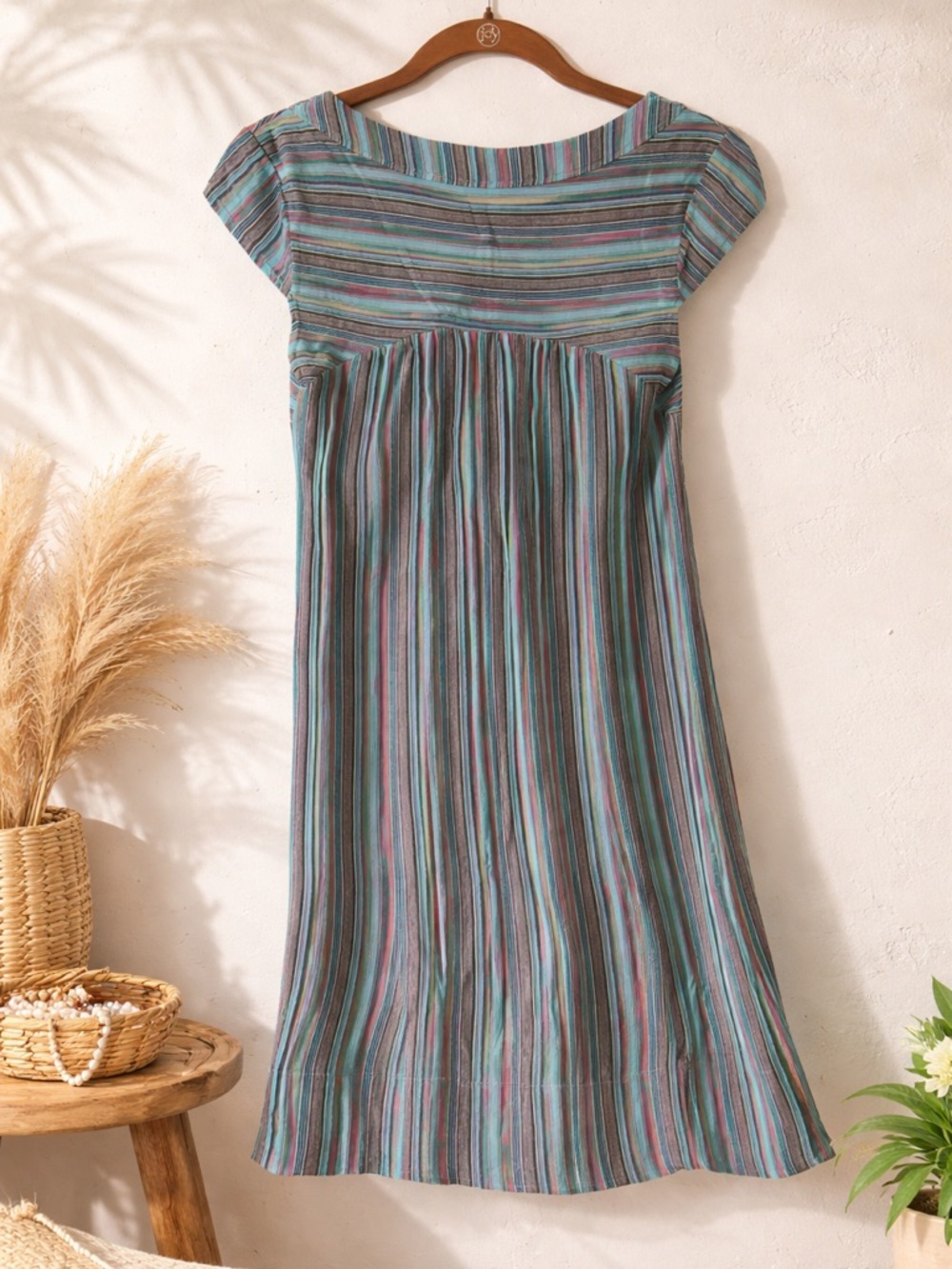 C&C California Teal Multi-Stripe Cap-Sleeve Midi Dress